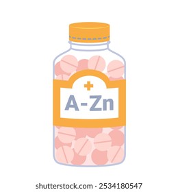 Mineral and vitamin complex of supplement in glass or plastic bottle with cap and label. Medical container with essential micronutrients in pills for nutrition balance cartoon vector illustration
