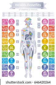 Mineral Vitamin effect icons. Health benefit flat vector icon set text letter logo isolated white background. Table illustration medicine healthcare chart. Medical Infographics diagram. Human body eps