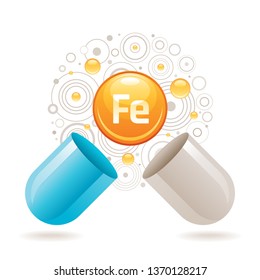 Suplemento de vitamina mineral de ferro para a saúde. Cápsula com ícone do elemento Fe, símbolo de dieta saudável. Bola de cor 3D isolada no fundo branco. Ilustração vetorial na moda, conceito de fornecimento de minerais médicos