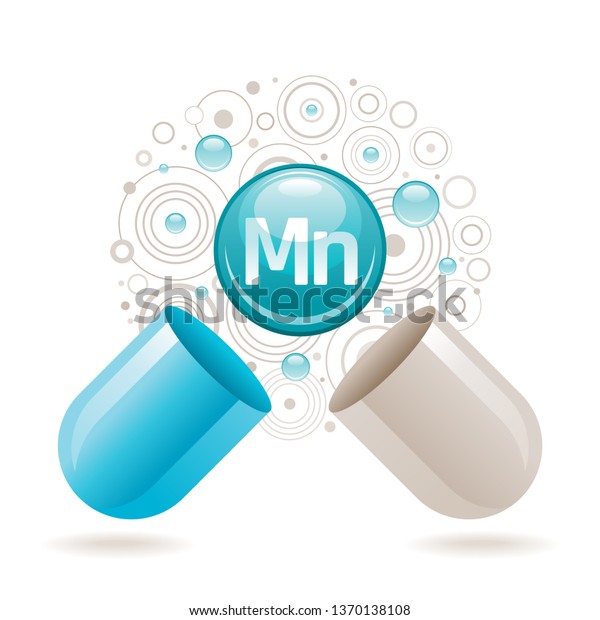 Mineral vitamin Manganese supplement for health.\
Capsule with Mn element icon, healthy diet symbol. 3d color ball\
isolated on white background. Trendy vector illustration, medical\
minerals supply