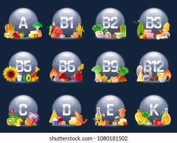 Mineral Vitamin multi supplement icons. Multivitamin complex flat vector icon set, logo isolated black background. Table illustration medicine healthcare chart Diet balance medical Infographic diagram