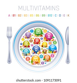 Mineral Vitamin multi supplement icons. Multivitamin complex flat vector icon set, logo isolated white background. Table illustration healthcare chart Diet balance medical Infographic diagram