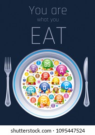 Mineral Vitamin multi supplement icons. Multivitamin complex flat vector icon set, logo isolated white background. Table illustration healthcare chart Diet balance medical Infographic diagram