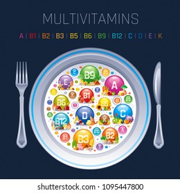 Mineral Vitamin multi supplement icons. Multivitamin complex flat vector icon set, logo isolated white background. Table illustration healthcare chart Diet balance medical Infographic diagram