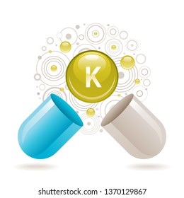 Mineral vitamin Potassium supplement for health. Capsule K element icon, healthy diet symbol. 3d color ball isolated on white background. Trendy vector illustration, medical minerals supply concept