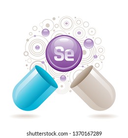 Mineral vitamin Selenium supplement for health. Capsule with Se element icon, healthy diet symbol. 3d color ball isolated on white background. Trendy vector illustration, medical minerals supply