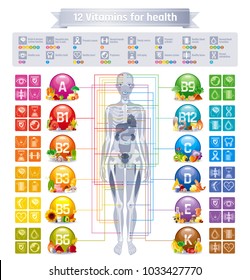 Mineral Vitamin supplement, human body, food, Health benefit banner, flat vector icon set text letter logo. Table illustration poster, medicine chart. Diet balance medical Infographic diagram