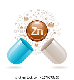 Mineral vitamin Zinc supplement for health. Capsule with Zn element icon, healthy diet symbol. 3d color ball isolated on white background. Trendy vector illustration, medical minerals supply