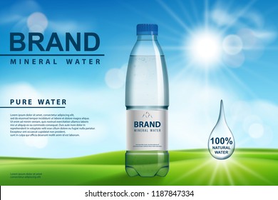 Mineral water ad, plastic bottle with pure mineral liquid on sunny background. Transparent Drinking water Bottle design. 3d vector illustration.