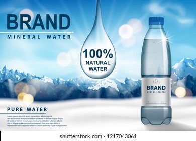 Mineral Water Ad, Plastic Bottle With Pure Mineral Liquid On Snow With Mountain Background. Transparent Drinking Water Bottle Design. 3d Vector