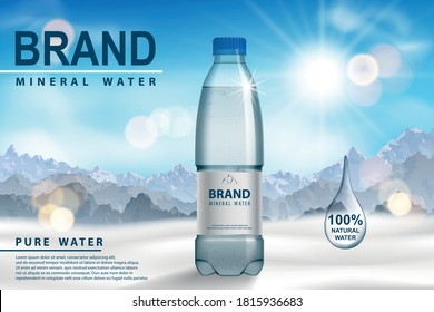 Mineral water ad, plastic bottle on snow with sunny mountain background. Transparent Drinking water Bottle design. 3d vector