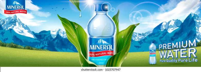 Mineral water bottle with green leaves isolated on spectacular snow mountain and field background in 3d illustration