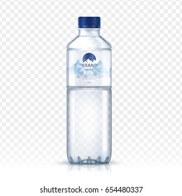 mineral water bottle package design, with snowy mountain image on label, isolated transparent background, 3d illustration