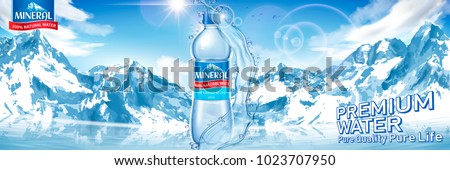 Mineral water bottle with pure liquid isolated on spectacular snow mountain background in 3d illustration