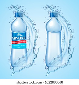 Mineral Water Bottle Set, Container Mockup Template With Splashing Liquid Effect In 3d Illustration