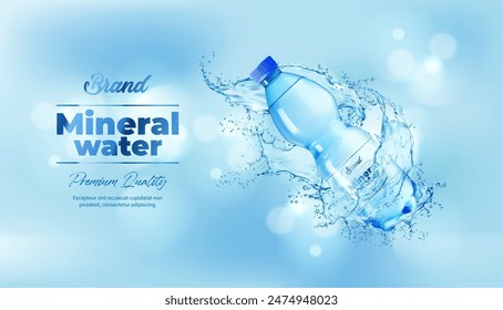 Mineral water bottle with swirl splash. Vector promotional advertising background with realistic 3d vector plastic bottle and pure waters on blue clean backdrop. Hydration, refreshment and vitality