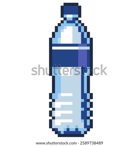 Mineral water in a bottle that refresh the day after do sport or any activity in a clear bottle with blue label vector pixel art for sticker, label, element, game, icon 