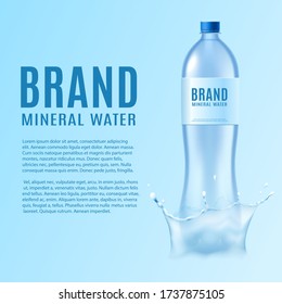 Mineral water branding and promotion banner template with water bottle realistic vector illustration isolated on white background. 3d design for drink presentation.