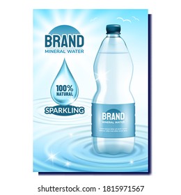 Mineral Water Creative Promotional Banner Vector. Water Blank Bottle, Sparkling Drop And Waves On Advertising Marketing Poster. Healthcare Natural Drink Style Color Concept Template Illustration