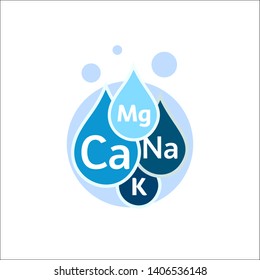 Mineral water icon. Blue drops with mineral designations. Simple flat logo template. Healthy water modern emblem idea. Isolated vector simple sign on white background.
