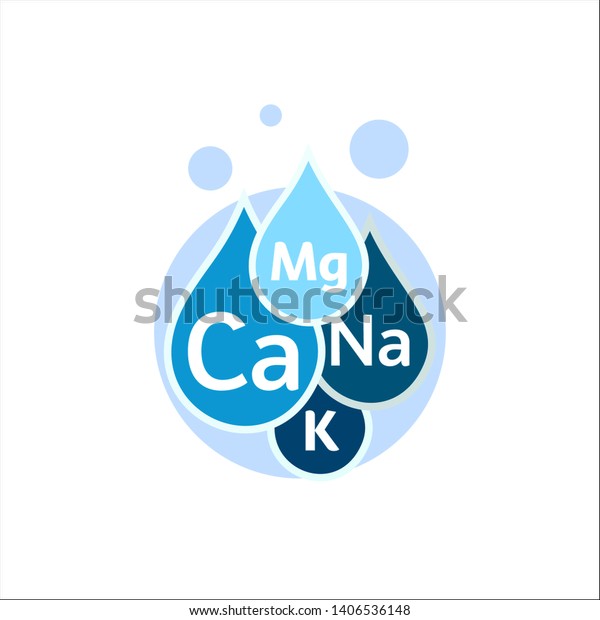 Mineral water icon. Blue drops\
with mineral designations. Simple flat logo template. Healthy water\
modern emblem idea. Isolated vector simple sign on white\
background.