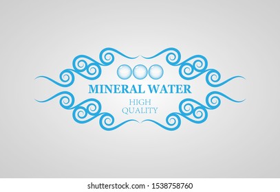 Mineral Water Label And Drop Logo. Flat Vector Isolated On Gray Background. Clear Water Drop Icon. For Water Logo, Sign, Symbol, Drink Logo And Bottle Label Design.Curly Blue Frame,Vector Illustration