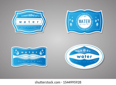 Mineral Water Label And Logo Sticker. Vector Set Isolated On Gray Background. Collection Of Clear Water Drop Icon. Flat Aqua Logo, Drink Logo And Bottle Label Design. Drinking Water Label
