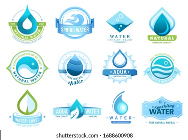 Mineral water labels, drinking water drops, leaf