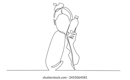 mineral water product advertising concept.woman holding mineral water bottle.continuous line.drawing one line vector