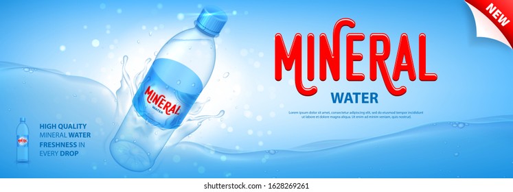 Mineral water promo banner. Realistic plastic bottle with water splashes and drops. Vector illustration with 3d transparent bottle on blue background. Mockup template for promotion of beverages.