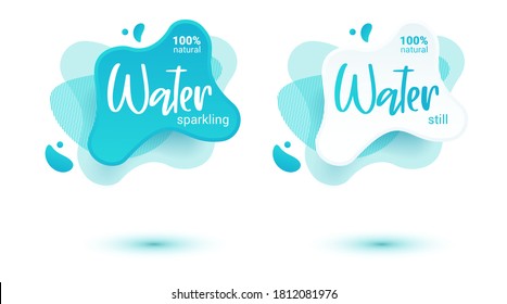 Mineralwassermarke. Blaue Etiketten und Aufkleber mit Tropfen Wasser für Web- und Print-Tag.Still und funkelnde Wasser-Label Set. Vektorgrafik für Ihr Design