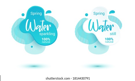 Mineralwassermarke. Blaue Etiketten und Aufkleber mit Tropfen Wasser für Web- und Print-Tag.Still und funkelnde Wasser-Label Set. Vektorgrafik für Ihr Design