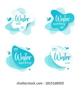 Mineral water tag. Blue label and stikers emblem with drops of water for web and print tag.Still and sparkling water label set. Vector illustration for you design