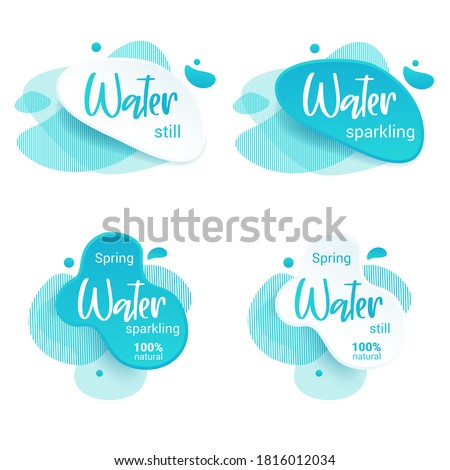 Mineral water tag. Blue label and stikers emblem with drops of water for web and print tag.Still and sparkling water label set. Vector illustration for you design