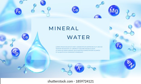 Mineral water template. Blue drops with mineral molecules.  Healthy water modern tag.