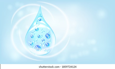 Mineral water template. Blue drops with mineral molecules.  Healthy water modern tag.