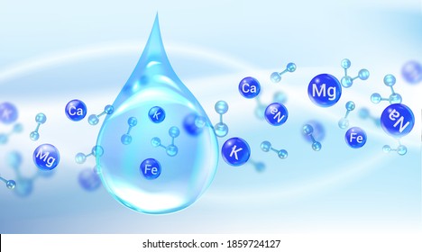 Mineral water template. Blue drops with mineral molecules.  Healthy water modern tag.