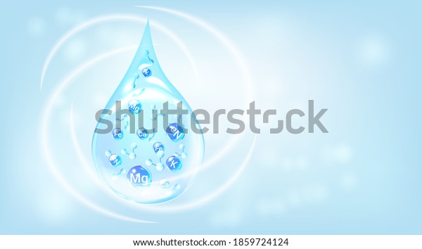 Mineral water template. Blue drops with\
mineral molecules.  Healthy water modern\
tag.