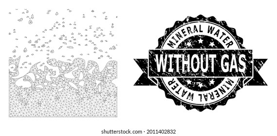 Mineral Water Without Gas grunge stamp seal and vector boiling liquid mesh model. Black stamp seal includes Mineral Water Without Gas text inside ribbon and rosette. Abstract 2d mesh boiling liquid,