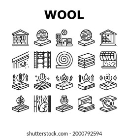 Mineral Wool Material Collection Icons Set Vector. Glass And Basalt Mineral Wool, Thermal And Noise Insulation, Fire Resistance And Strength Black Contour Illustrations