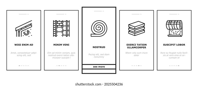 Mineral Wool Material Onboarding Mobile App Page Screen Vector. Glass And Basalt Mineral Wool, Thermal And Noise Insulation, Fire Resistance And Strength Illustrations