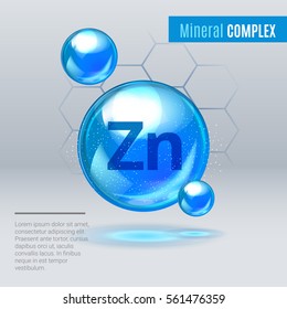 Mineral Zn Zink blue shining pill capcule icon . Mineral Vitamin complex with Chemical formula . Shining cyan substance drop. Meds for heath ads. Vector illustration