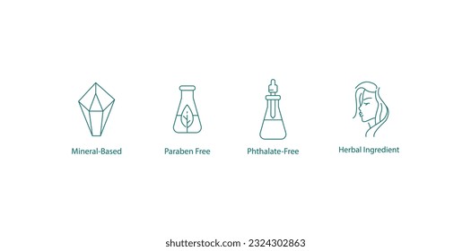 Mineral-based,
Paraben-free,
Phthalate-free,
Hypoallergenic icons vector illustration 