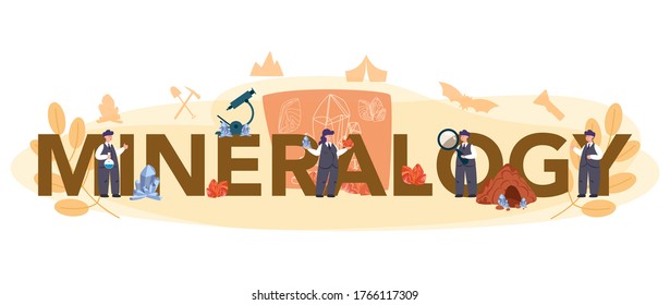 Mineralogy typographic header concept. Professional scientist studying natural stone and mineral. Stones for jewelry and chemical reaction. Isolated vector illustration