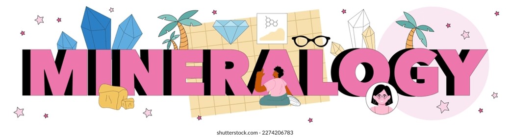 Mineralogy typographic header. Scientist studying natural stone and mineral structure in the microscope. Stones extraction and underground exploration. Flat vector illustration