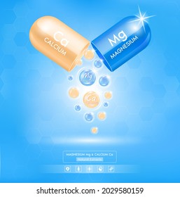 Minerals Calcium Ca and Magnesium Mg for health. Pharmaceutical Capsule with minerals blue, cream. Medical and dietary supplement health care concept. 3D Realistic Vector EPS10