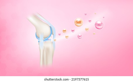 Minerals calcium and collagen absorbed into the bone cartilage. Human skeleton anatomy model. Care bone knee joint. Can be used in food advertising media. 3D vector EPS10.