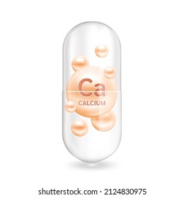 Minerals Calcium and Vitamin inside capsule. Helps maintain brain, strong bone. Medical and dietary supplement health care concept. 3D Vector EPS10 illustration. Isolated on a white background.