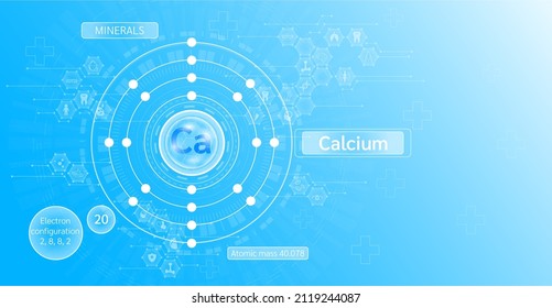 Minerals calcium and Vitamin supplements complex capsule. Calcium food sources and functions. Health care and science icon pattern medical innovation. Blue background vector.