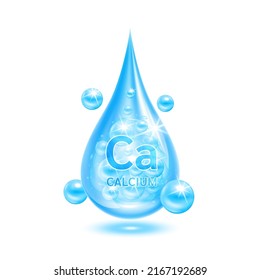 Minerals calcium water drop blue and vitamins complex. Scientific medical and dietary supplement health care concept. Isolated on white background. Realistic 3D vector EPS10